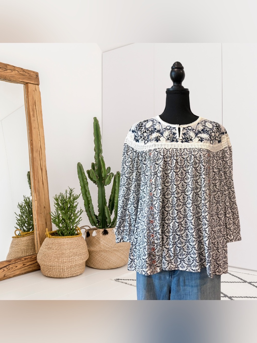 Sundance 3/4 Sleeve Floral Embroidered Sheer Shoulder Top